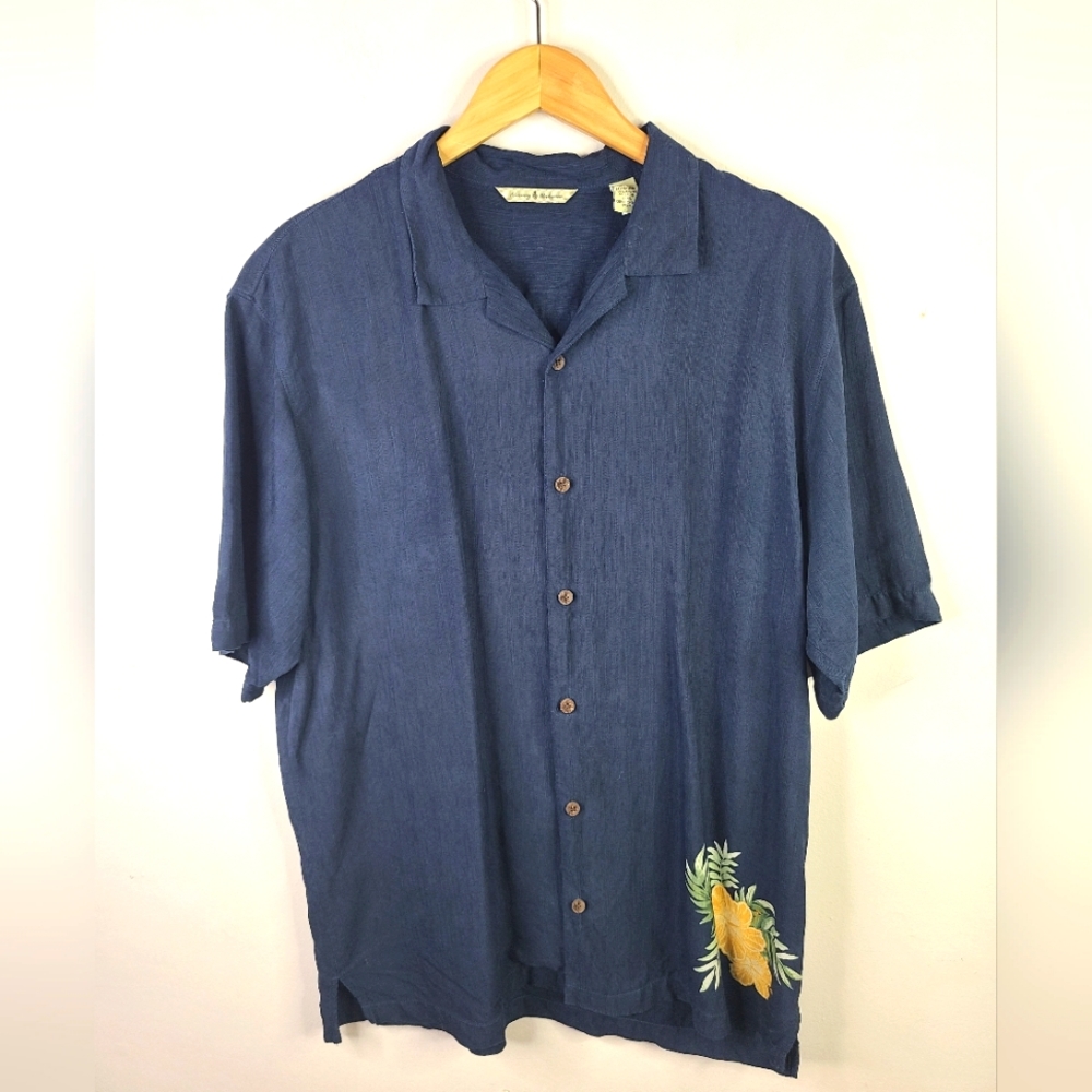 Tommy Bahama - Hawaiian Button Down Silk - SIZE L - Retro Patch Blue Vacation